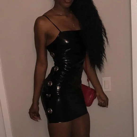 BlACK DRESS WITH SILVER CUTOUT CIRCLES ON SIDES - Picture 2 of 6